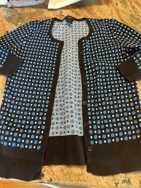 Ann Taylor Petite Blue and Black Polka Dot Cardigan
